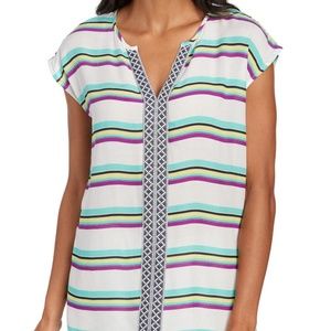 CHAUS NEW YORK Stripe Print Embroidered Trim Top